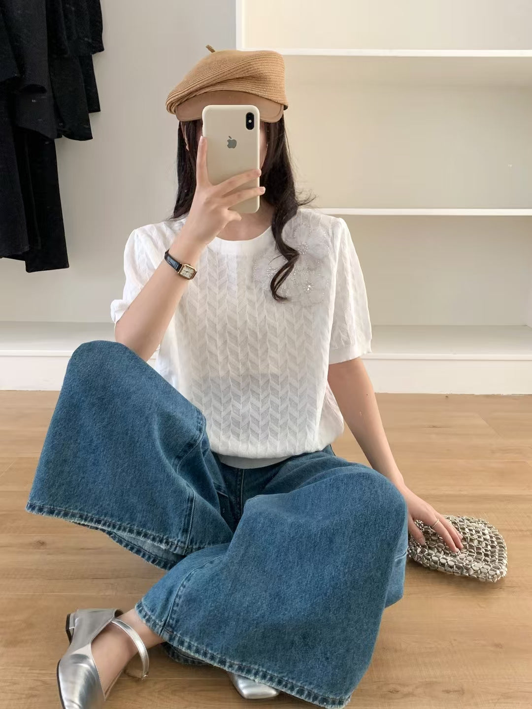 浪漫優雅的花|立體花瓣菱紋針織上衣