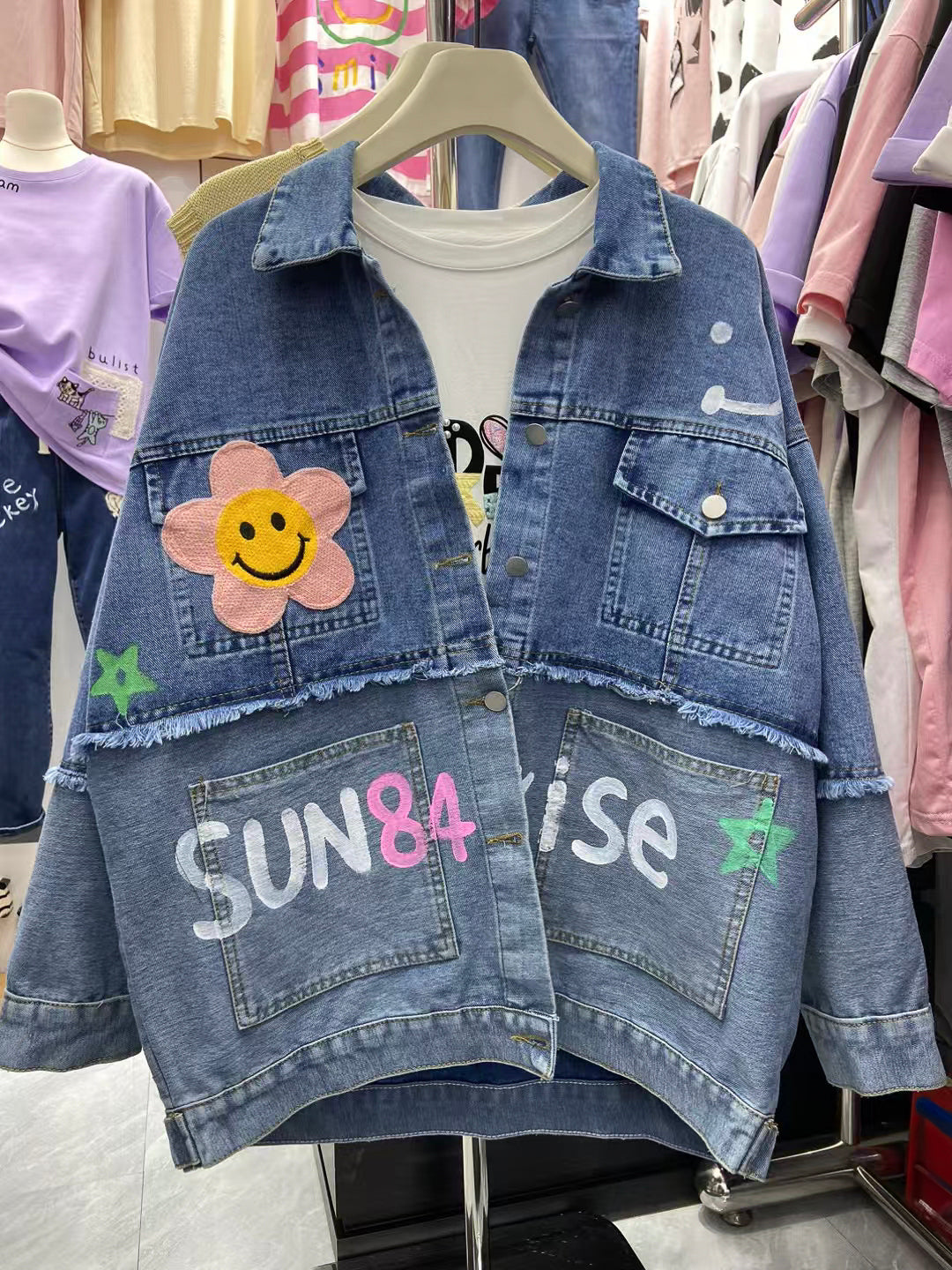 微笑花朵的印記|雙色拼接牛仔外套