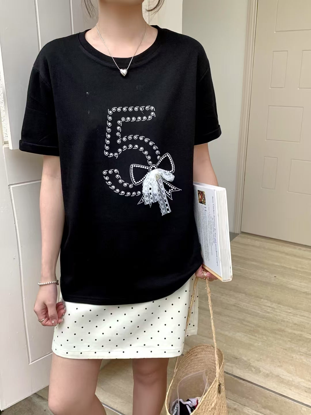 Textured No. 5 Beaded Bow Cotton Top