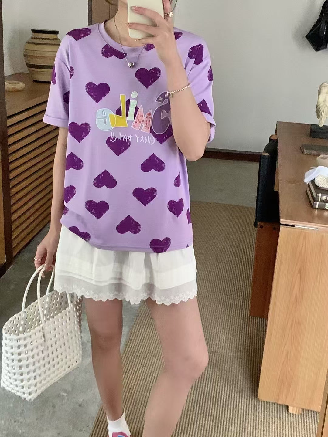 日系的俏皮 | 心形字母拼布純棉上衣