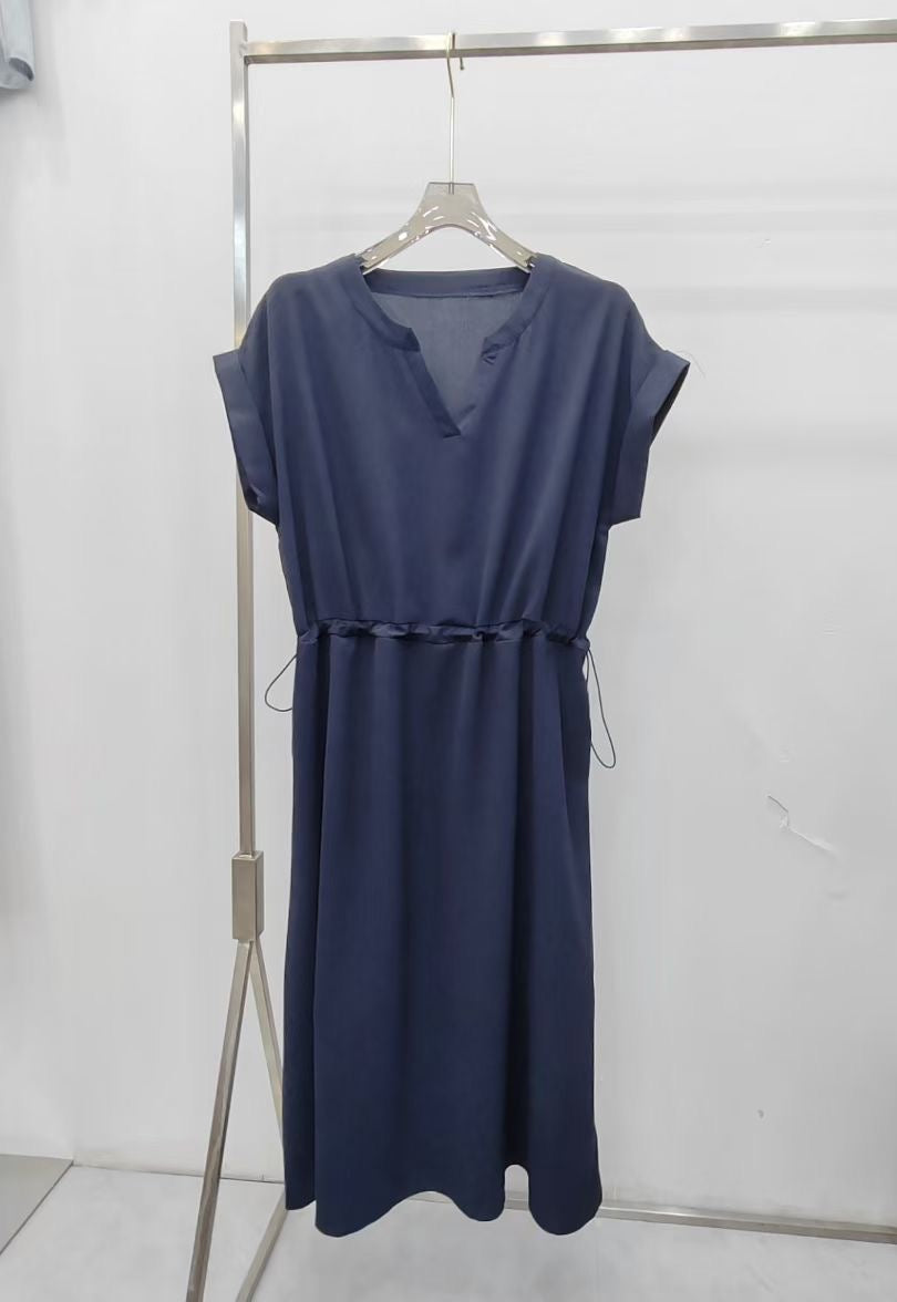 簡單的約會|V領束腰繫帶雪紡連身裙