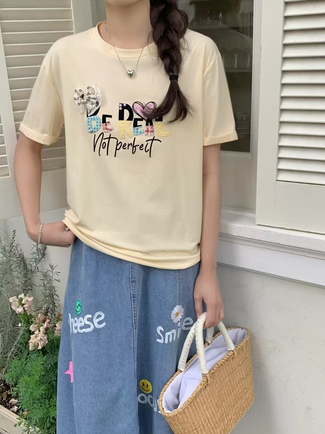 靈動的午後｜蕾絲蝴蝶結格仔布熨字棉質上衣