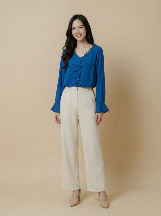 釘珠荷葉邊V領雪紡上衣