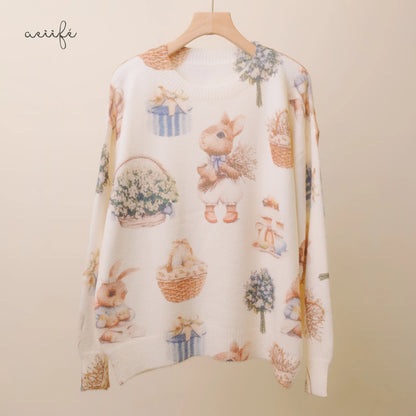 質感復古繪本圖案細滑針織上衣