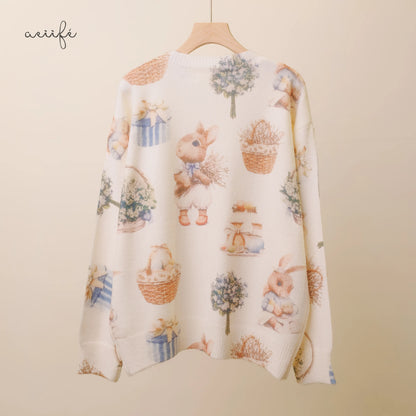 質感復古繪本圖案細滑針織上衣