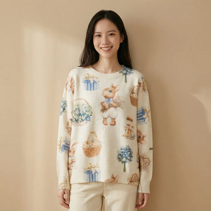 質感復古繪本圖案細滑針織上衣