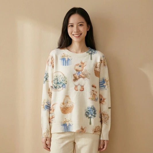 質感復古繪本圖案細滑針織上衣