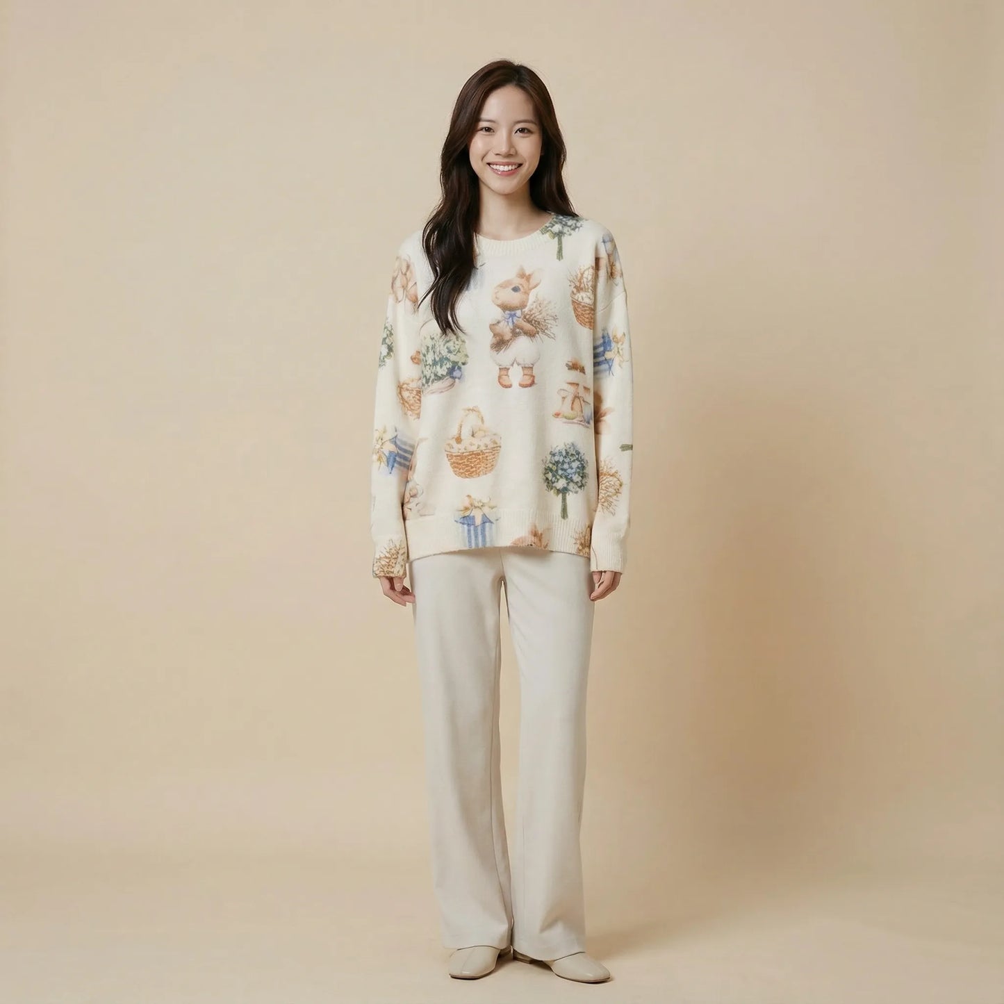 質感復古繪本圖案細滑針織上衣