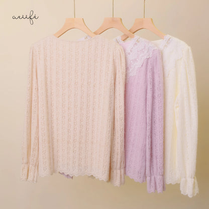 精緻V型勾花領直紋絨毛蕾絲上衣
