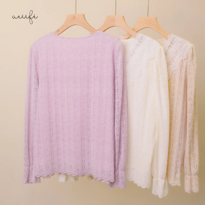 精緻V型勾花領直紋絨毛蕾絲上衣