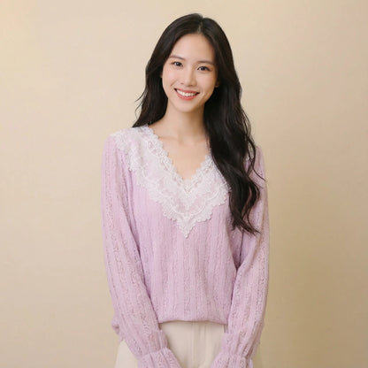 精緻V型勾花領直紋絨毛蕾絲上衣