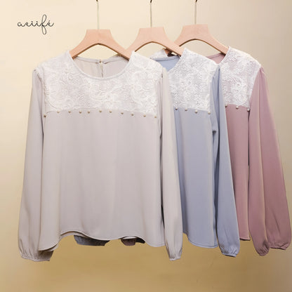 立體捲花蕾絲釘珠厚雪紡上衣