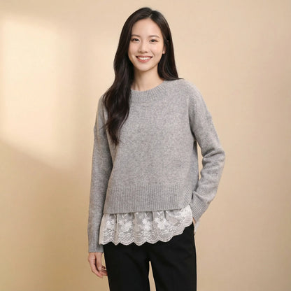 柔軟混色冷織精緻網紗勾花下擺上衣