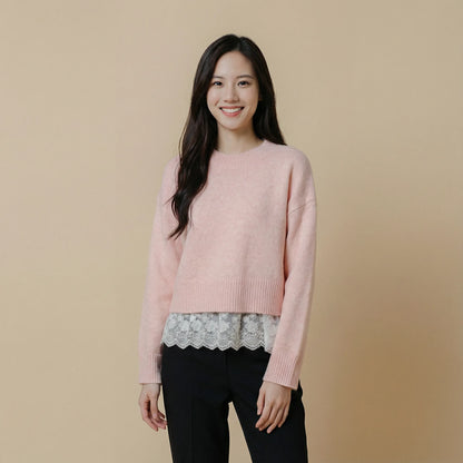 柔軟混色冷織精緻網紗勾花下擺上衣