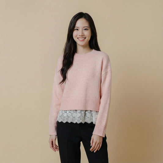 柔軟混色冷織精緻網紗勾花下擺上衣