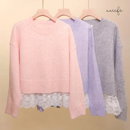 柔軟混色冷織精緻網紗勾花下擺上衣