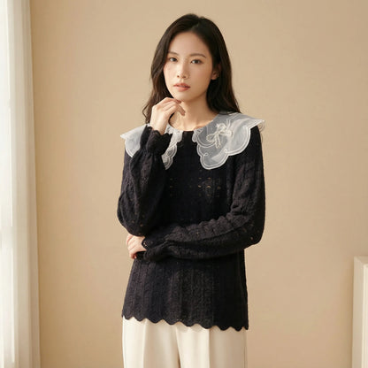 釘珠刺繡領直紋絨面蕾絲上衣
