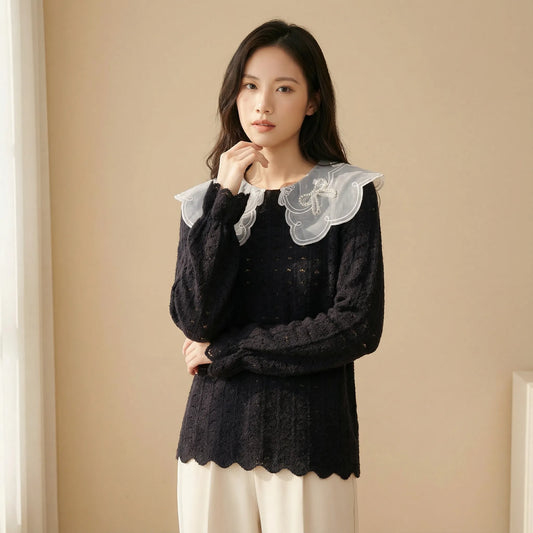 釘珠刺繡領直紋絨面蕾絲上衣