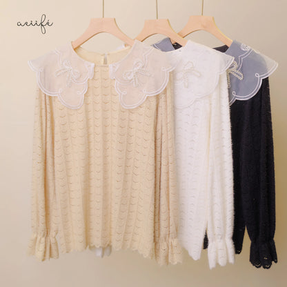 釘珠刺繡領直紋絨面蕾絲上衣