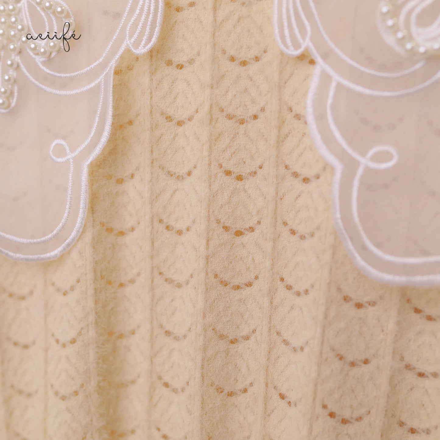 釘珠刺繡領直紋絨面蕾絲上衣