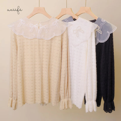 釘珠刺繡領直紋絨面蕾絲上衣