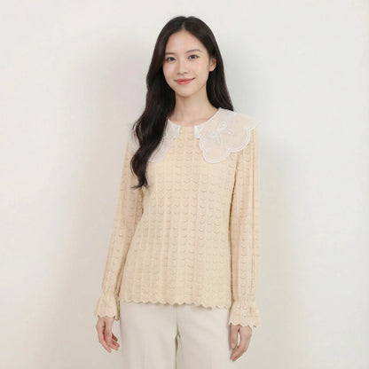 釘珠刺繡領直紋絨面蕾絲上衣