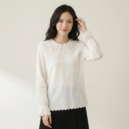 釘珠刺繡領直紋絨面蕾絲上衣