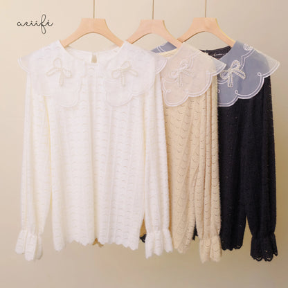 釘珠刺繡領直紋絨面蕾絲上衣