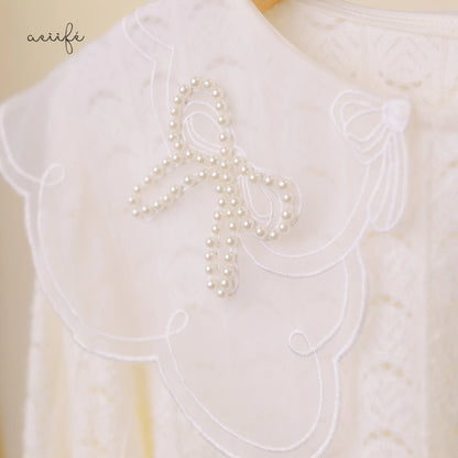 釘珠刺繡領直紋絨面蕾絲上衣