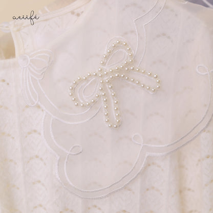 釘珠刺繡領直紋絨面蕾絲上衣