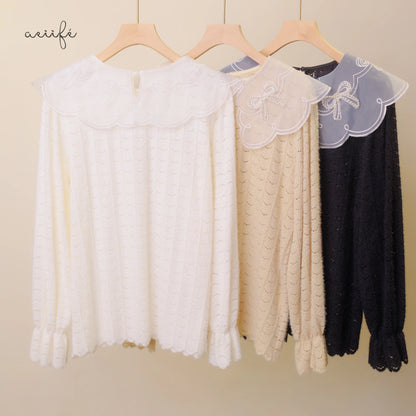 釘珠刺繡領直紋絨面蕾絲上衣