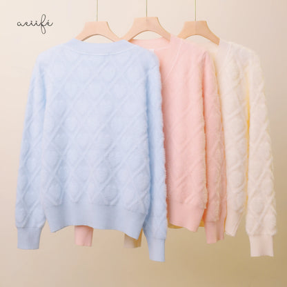 線條菱格絨感針織上衣