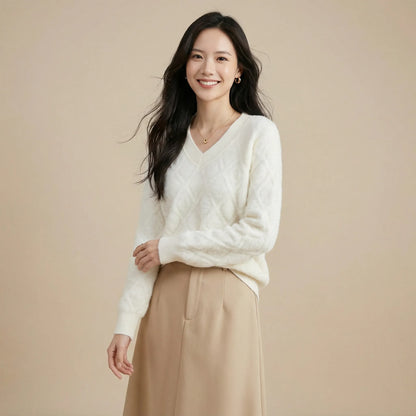 線條菱格絨感針織上衣