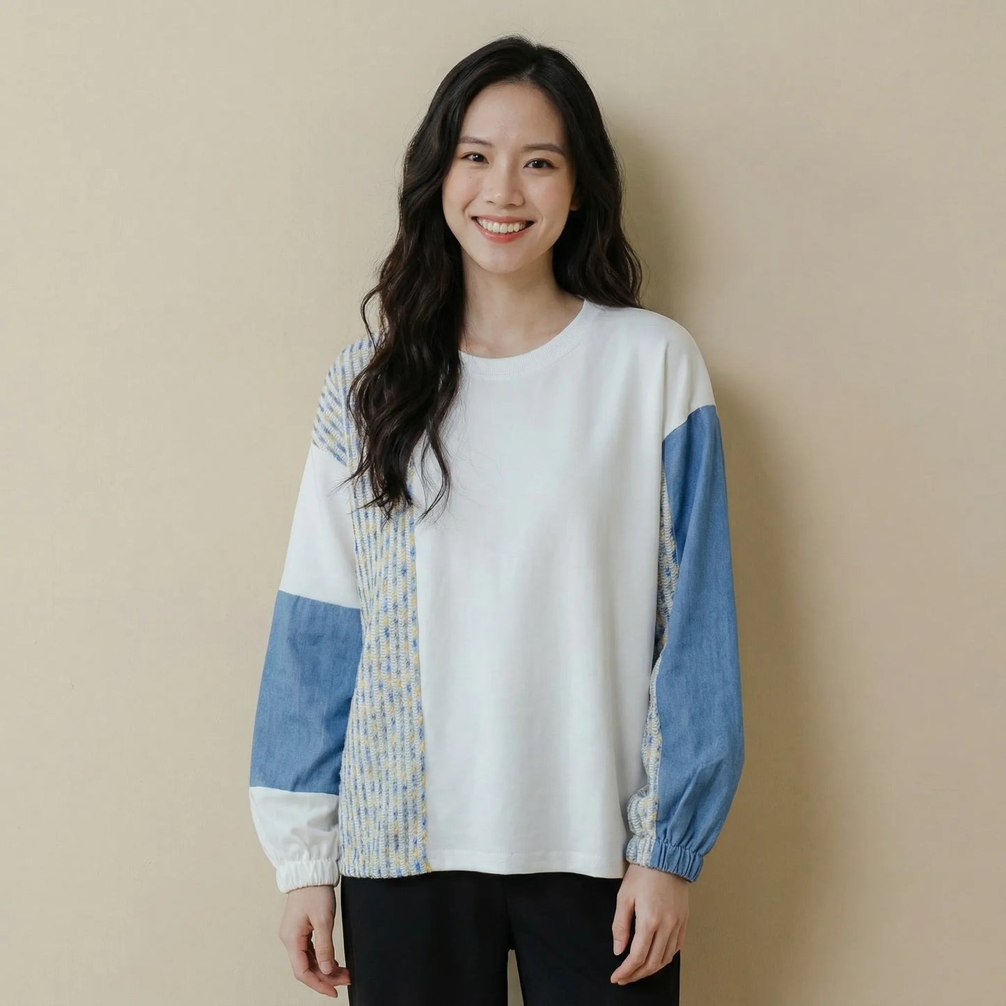 精緻編織質料拼接牛仔棉質上衣