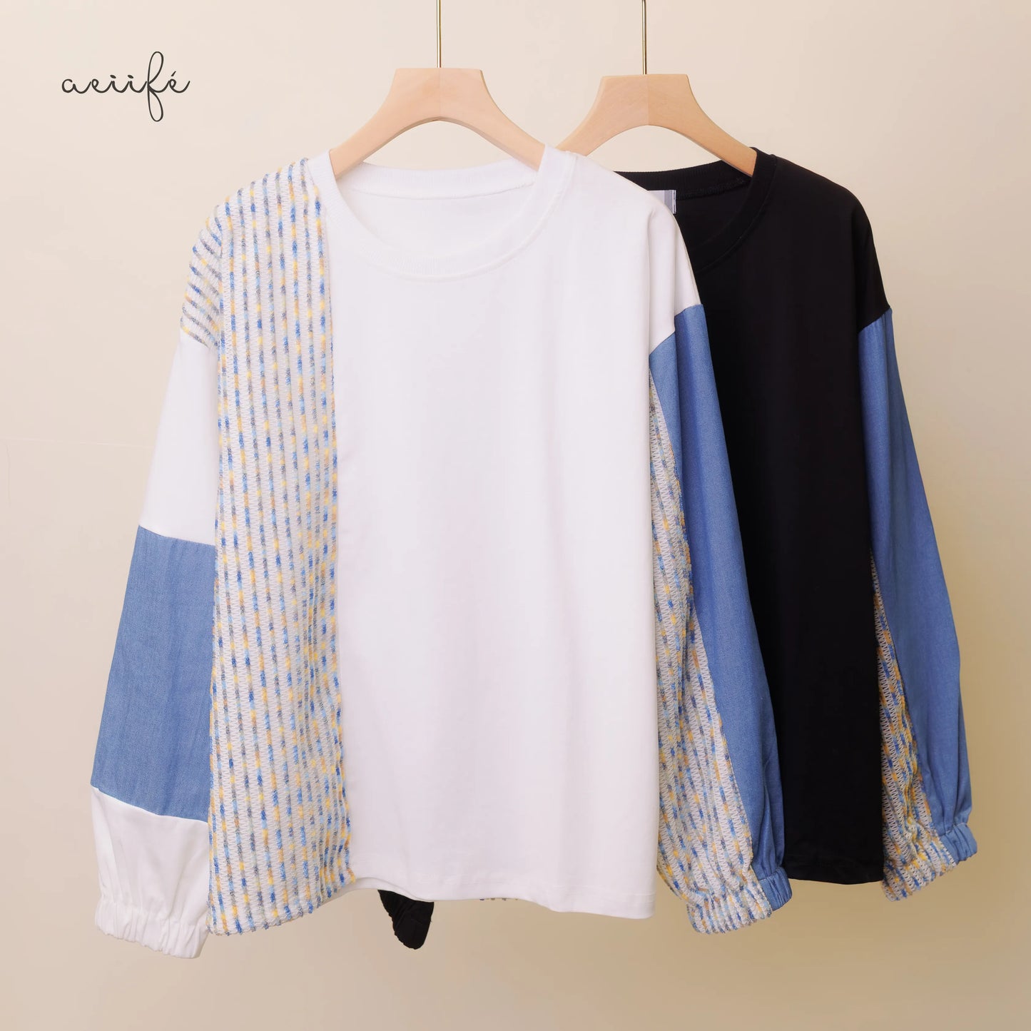 精緻編織質料拼接牛仔棉質上衣