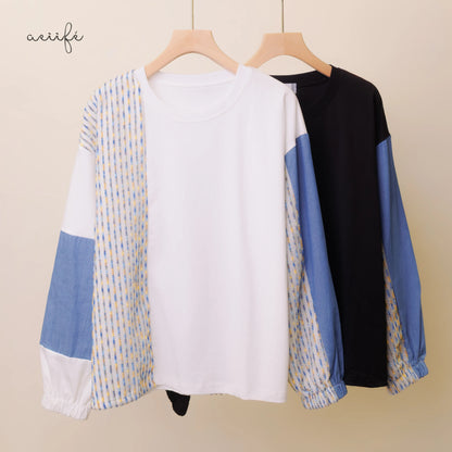 精緻編織質料拼接牛仔棉質上衣