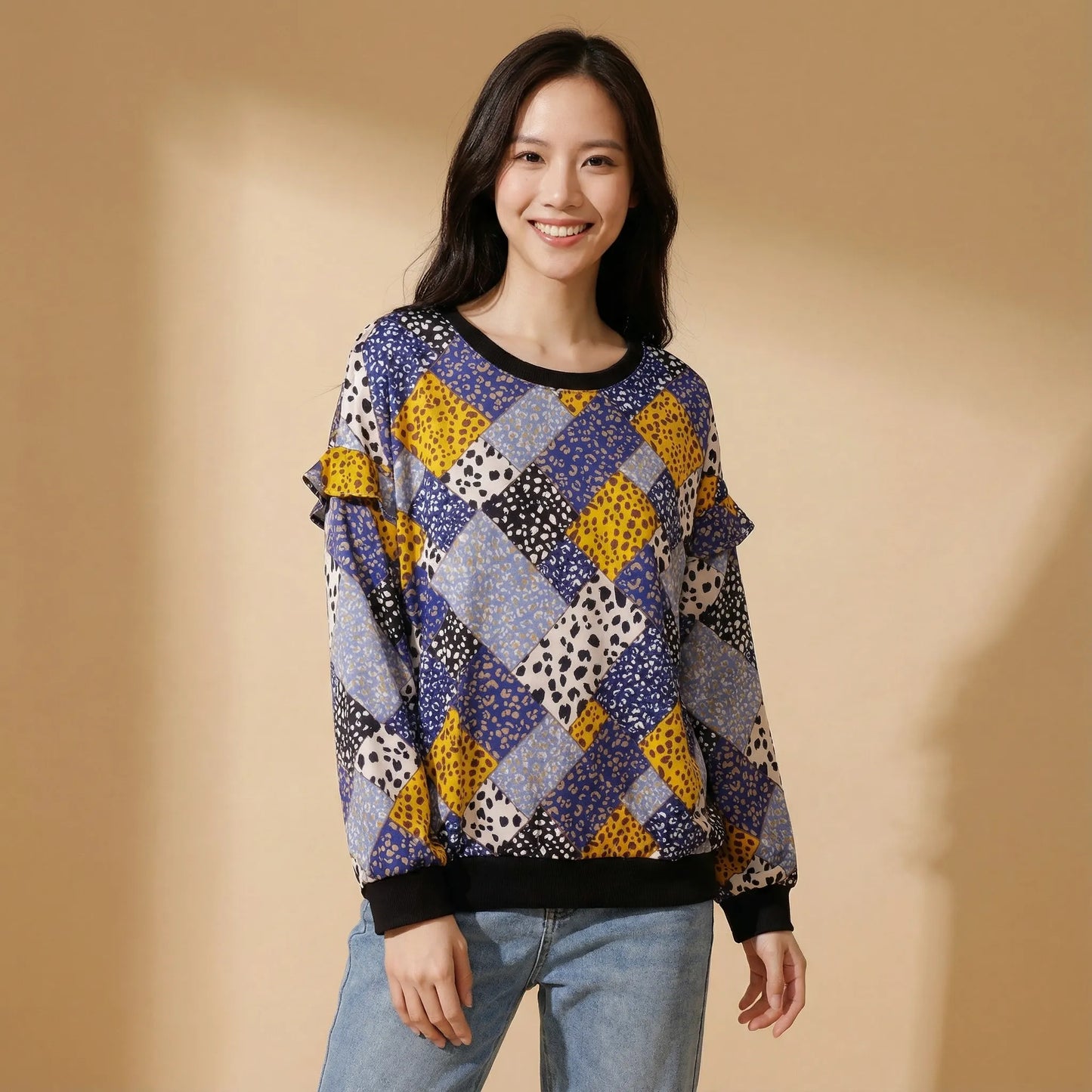 菱格印花雪紡上衣