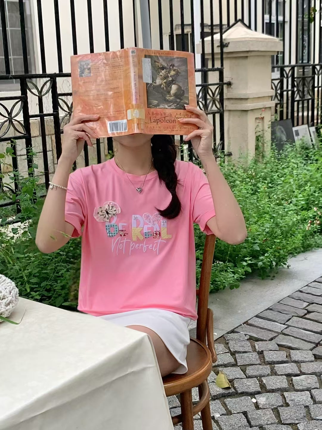 靈動的午後｜蕾絲蝴蝶結格仔布熨字棉質上衣