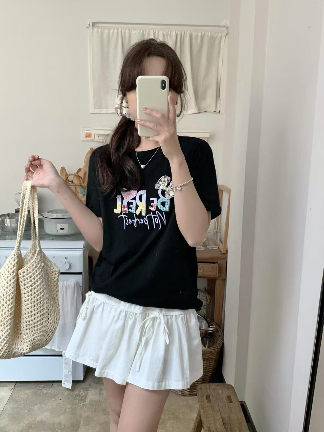 靈動的午後｜蕾絲蝴蝶結格仔布熨字棉質上衣