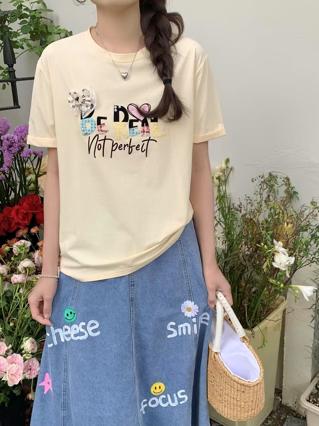 靈動的午後｜蕾絲蝴蝶結格仔布熨字棉質上衣
