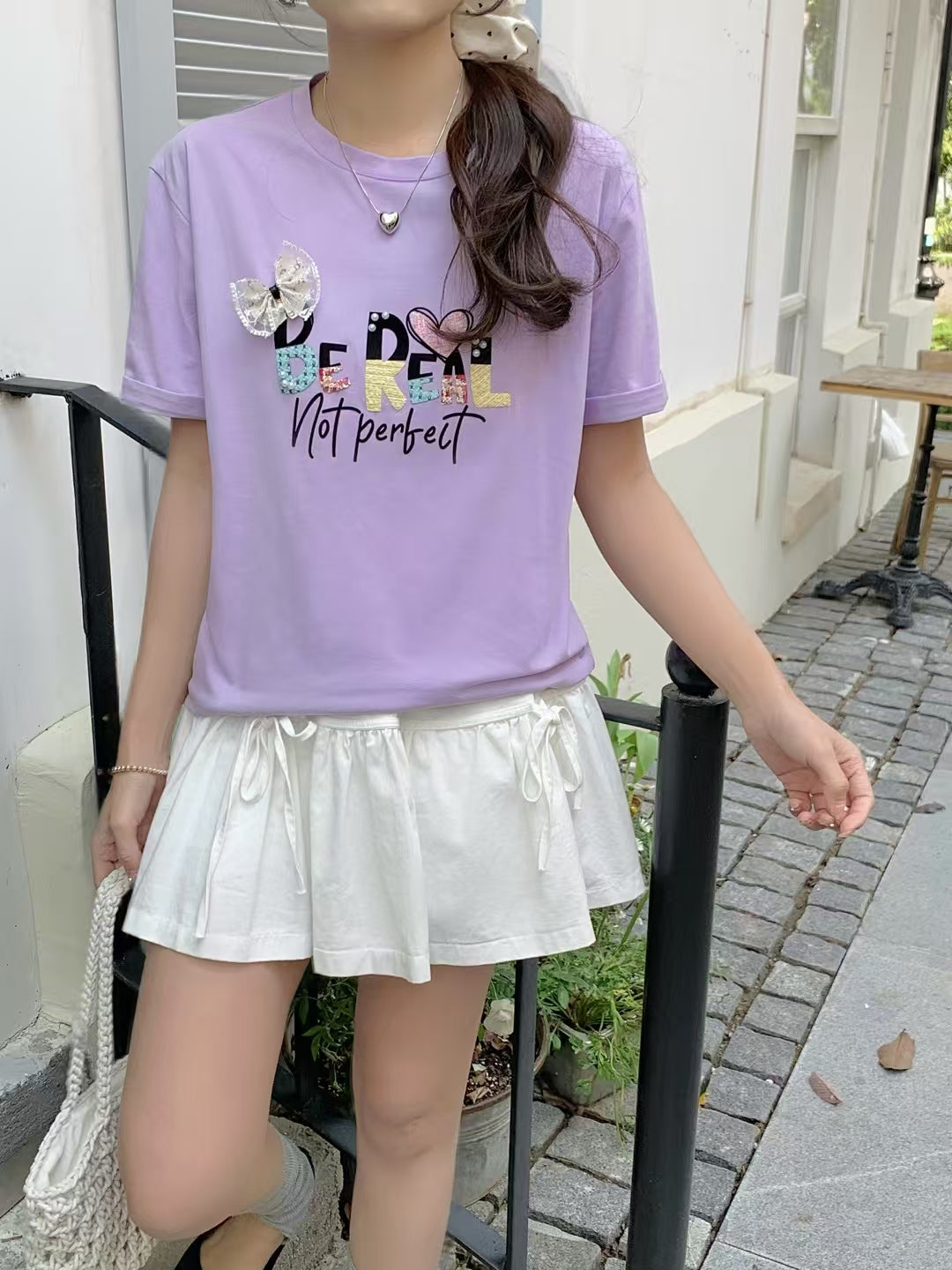 靈動的午後｜蕾絲蝴蝶結格仔布熨字棉質上衣