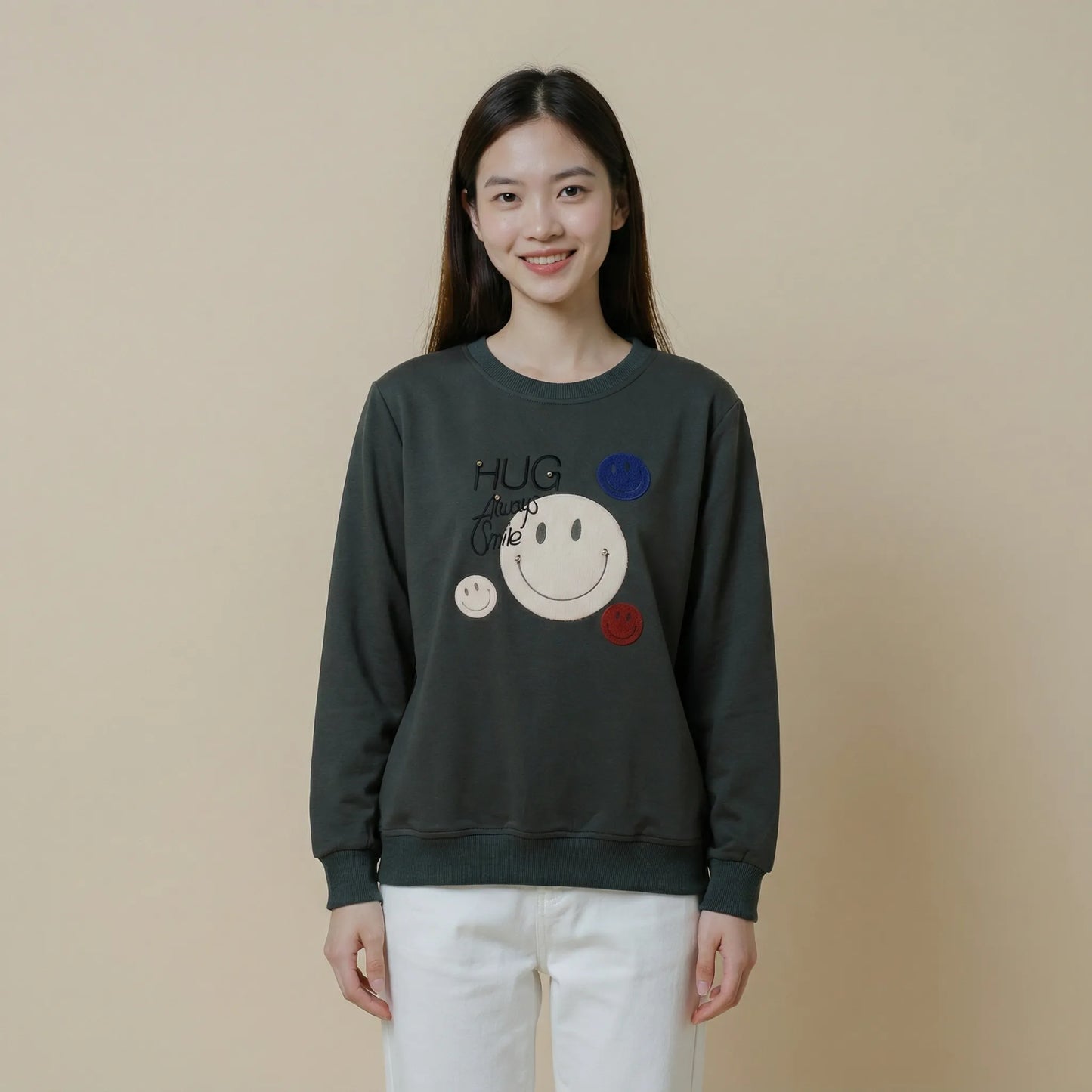 哈哈笑植絨花釘珠文字棉質上衣