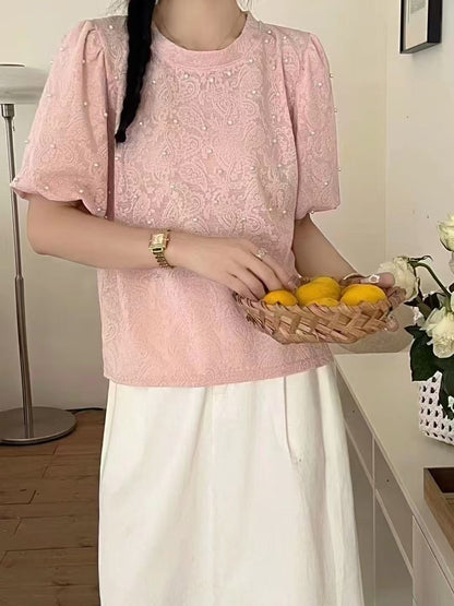 靜謐的晨光｜浮雕織紋釘珠立體袖上衣