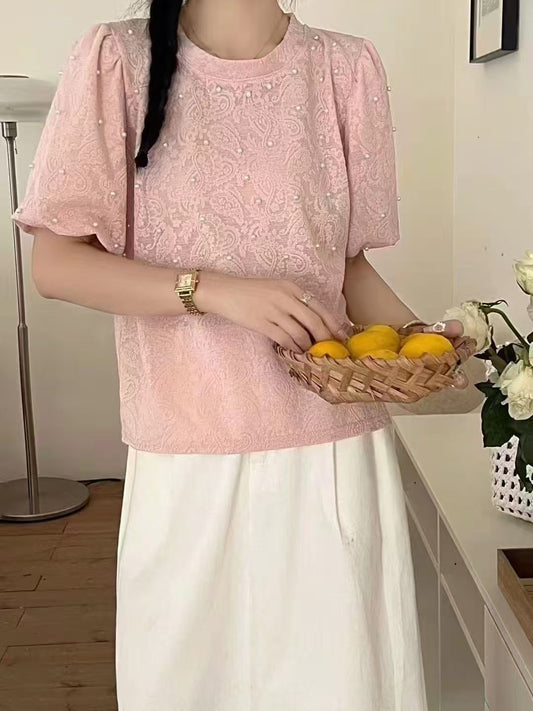 靜謐的晨光｜浮雕織紋釘珠立體袖上衣