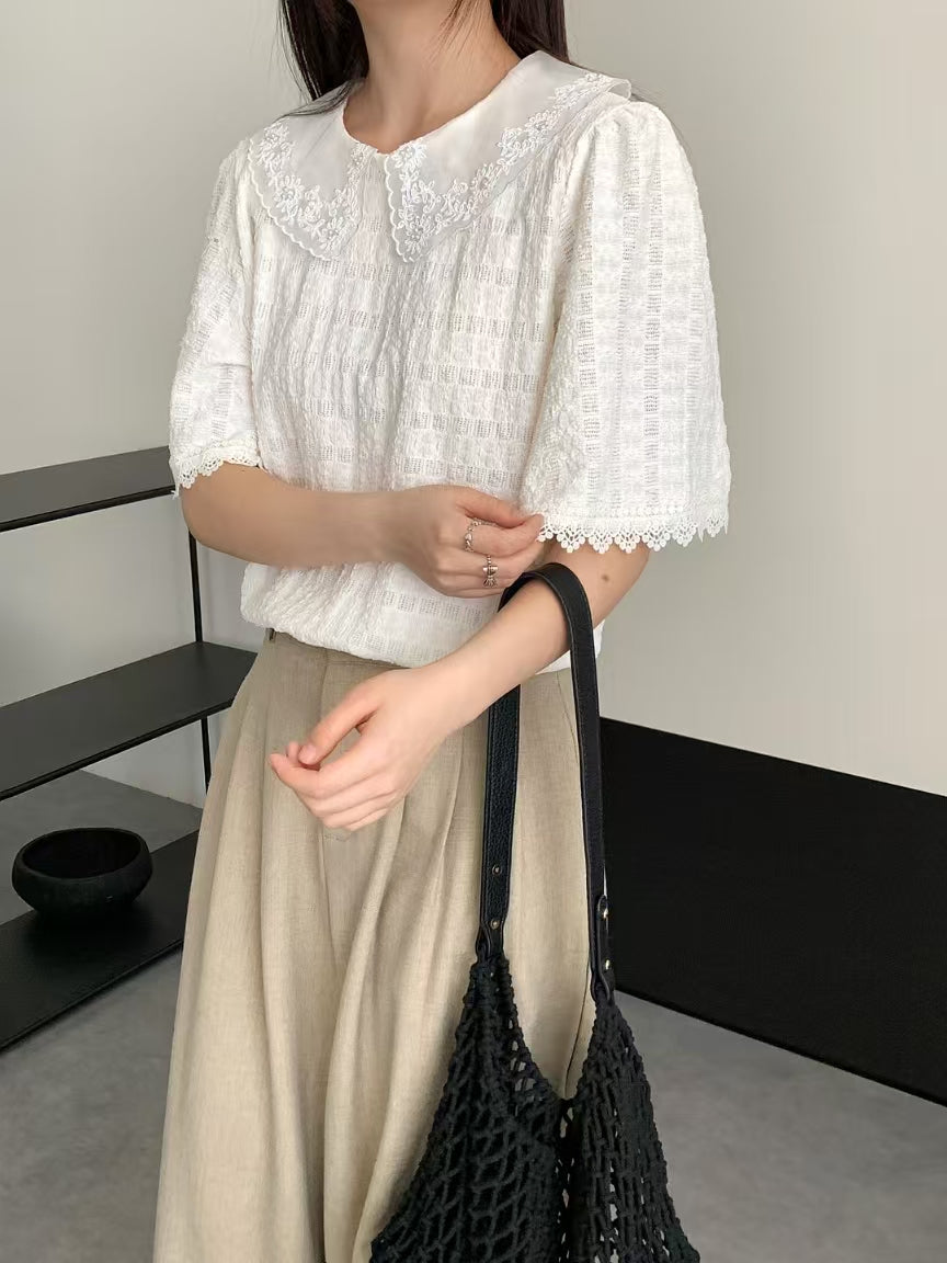 邂逅的氣息 | 立體刺繡領質感紋理上衣