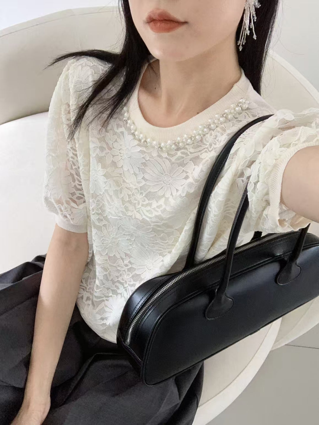 溫柔的約定 | 珍珠領口立體蕾絲針織上衣